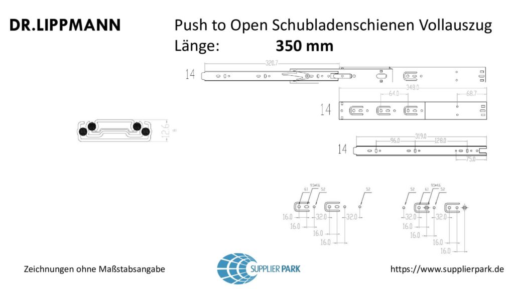 Push to Open Schubladenschienen Vollauszug 45 kg belastbar