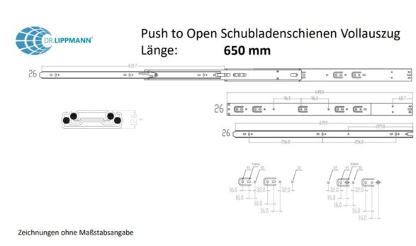 chubladenschienen Push to Open Vollauszug 650 mm